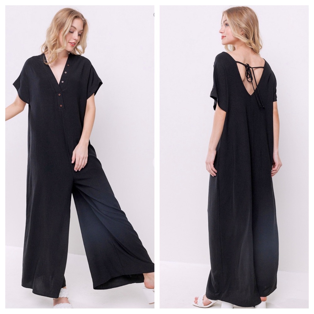 🥰 Boho Fabulous Short Sleeve Wide Leg Button Front Jumpsuit - Picture 1 of 4